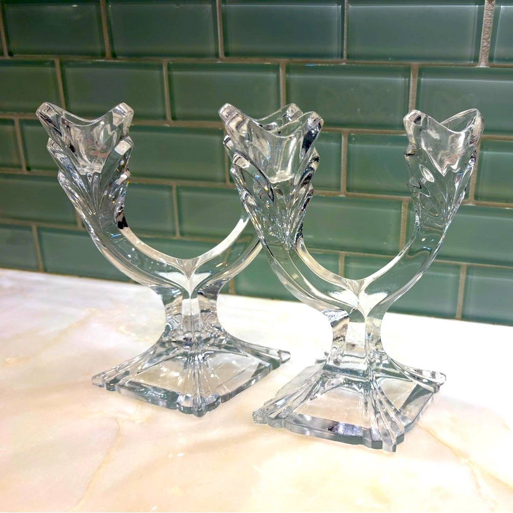 Two Art Deco Glass Double Candle Holders